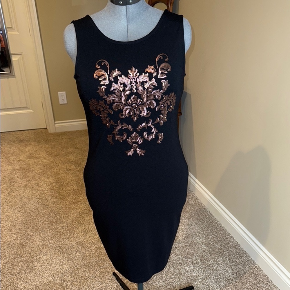 Suzy Shier Black Copper Embellished Sheath Dress
